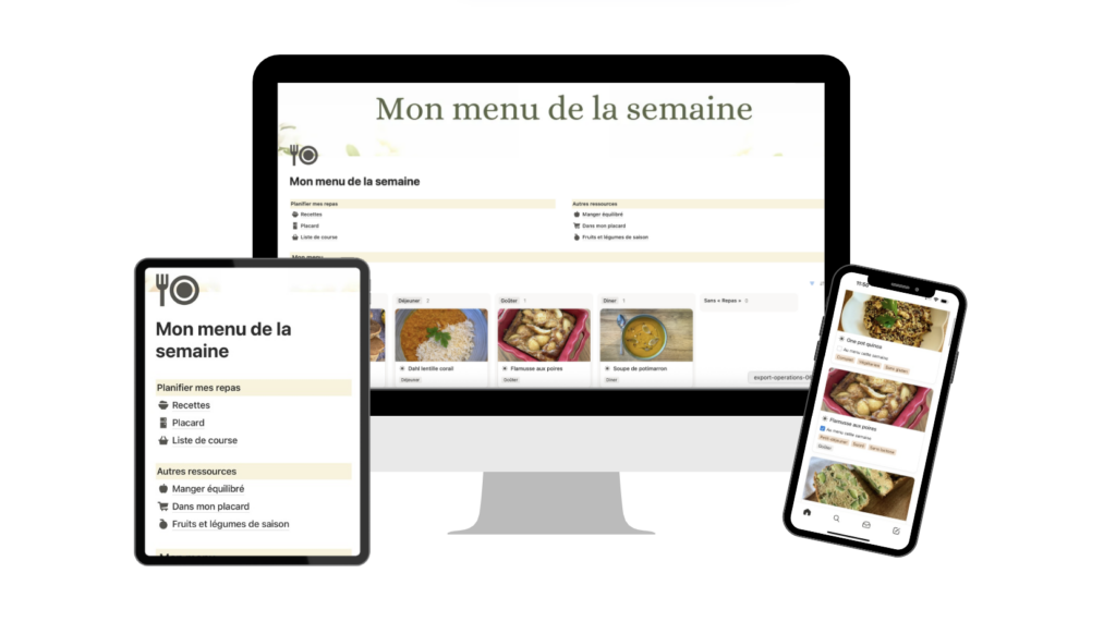 Planificateur de repas Notion sur ordinateur, tablette et téléphone